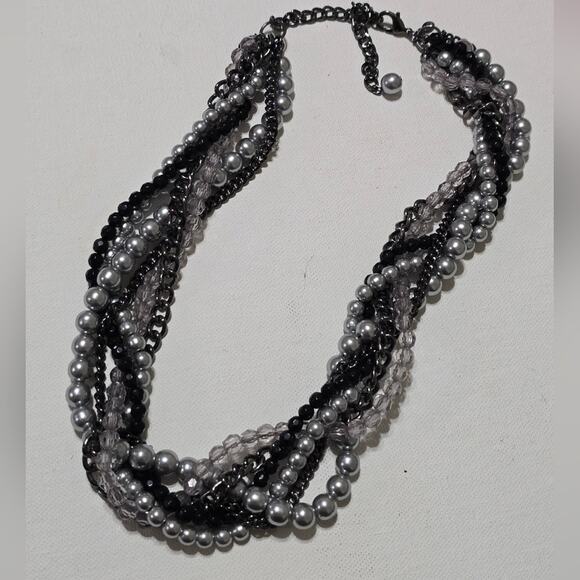 Premier Designs Gray Metallic Multi Chain Faux Pearl Black‎ Bead Twist Necklace - Picture 4 of 8